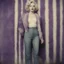 Placeholder: Marilyn monroe Hippie girl, jeans, purple fur, striped wallpaper, old autochrome