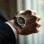Placeholder: A hyper-realistic, A close-up of a man's hand, the Rolex watch glinting in the light., full size, Photo Real, 64k