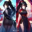 Placeholder: Clear focus, 8k, beautiful lighting, vibrant colors, girl, black hair, long hair, vibrant red eye, ponytail, messy hair, black stockings, chinese clothes,