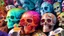 Placeholder: a picture of a dark, comedic, anatomically correct wall of colorful tightly packed skulls of varying sizes and expressions, photo realistic, insanely meticulous, highly detailed, part of a collection of bones on display, 64k, dystopian, vray