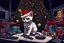 Placeholder: fluffy big eyed kitty sith lord and detailed Christmas tree with red and gold trimmings, beautiful star on top of tree, gifts underneath tree, toys underneath tree in the command centre in seconf death star with view to endor planet, cinematic eye view