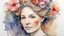 Placeholder: woman 45 years old, watercolor, flowers in hair, fine drawing, stained paint