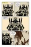 Placeholder: 6 panel page with different images of a man in a gas mask sitting in a wingback chair, intimidating, graphic novel