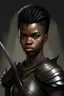 Placeholder: Portrait of a fantasy Warrior, no helmet,young, black skin, short black hair,