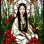 Placeholder: Stained Glass Art Nouveau art style A beautiful as a model asian woodland elf princess who looks like a young Lucy Liu seated on a throne surrounded by poppies and marijuana plants in a mystical forest, photo-realistic