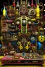 Placeholder: there is a large display of different colored objects on display, made up of many bits of metal, mechanical form of life, colorful ferrofluid armor, mesmerizing, tubes, abstract 3 d artwork, maximalism digital art, junk, fantasy. intricate, hypermaximalistic, surreal material, organic mechanical shapes, many pipes, acrylic art, perfect maximalistic composition by Android Jones, Beeple, Winkelmann, masterpiece, hyper-detailed, dan mumford, Albert Bierstadt, octane render, a masterpiece