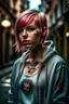 Placeholder: 1girl, hoodie, arm tattoo, portrait, asymmetrical bangs, bandaid, short hair, bangs, breasts, freckles, grey eyes, large breasts, looking at viewer, neck tattoo, nose piercing, pink hair, scar, scar on face, solo, tattoo on face, upper body, detailed background, town, alley, dark alley, portrait, hood on head, night, angry, close up, closed mouth, , ((masterpiece)), absurdres <lora:arcane_offset:1>