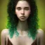 Placeholder: alien girl, cute, beautiful, long hair, curly hair, black hair, slim body, brown eyes, light green skin, turquoise dress, black tee shirt, green shorts, head and shoulders portrait, 8k resolution concept art portrait by Greg Rutkowski, Artgerm, WLOP, Alphonse Mucha dynamic lighting hyperdetailed intricately detailed