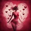 Placeholder: Double Exposure Of A Beautiful Women (Complete Body Structure) With Mini Maroon Whirling Hearts in a Grunge Pink And Red Background.