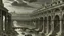 Placeholder: A print of a dark industrial scene, evoking Piranesi's architectural fantasies, features imposing, ruined buildings looming over a body of water. The buildings are rendered in painstaking detail, showing signs of age and decay, with numerous windows, arches, and structural elements. A stone bridge spans the water, leading to a dark, cavernous space beneath the buildings. In the foreground, remnants of industrial machinery and debris are visible, suggesting an abandoned or ruined site. The overal
