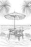 Placeholder: Outline art for coloring page, SHORT SQUARE WICKER PICNIC BASKET WITH HANDLES UNDER A TALL BEACH UMBRELLA, HAWAII BEACH, coloring page, white background, Sketch style, only use outline, clean line art, white background, no shadows, no shading, no color, clear