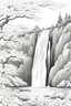 Placeholder: Anti-stress coloring page for adults, A4 format, white sheets, high thick inky outline with a plot: A beautiful waterfall surrounded by blooming cherry blossoms