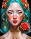 Placeholder: Portrait of beautiful smiling geisha, red, gold, orange, teal, yellow, teal eyes, roses, flowers, intricate, elegant, highly detailed, digital painting, artstation, concept art, smooth, sharp focus, illustration, v, hyper realistic, intricate detail