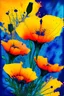 Placeholder: California Poppies. Colored ink, poured and spattered, on paper, center on canvas, clear margins, hd, 8k, sharp focus