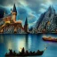 Placeholder: hogwarts at christmas whit magical light, ulta definition. View of the lake whit boat