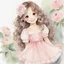 Placeholder: watercolor, full body, cute smile girl, curly hair, big eyes, long brown hair, pink dress, pink shoes, white backgrownd