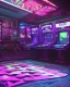 Placeholder: A dark photo of the corners of an 80's aesthetics arcade at night, with a lot of functioning arcade machines, a vaporwave floor and some colorful tiles in between the floor. Purple aesthetics. There are some pizza boxes over some of the arcade machines