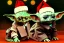 Placeholder: a baby Yoda wearing a Christmas hat in a jazz club. 1960's photo real