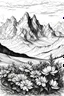 Placeholder: Flowers surrounded by mountains in the Alps, sketch drawing