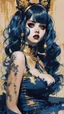 Placeholder: Poster in two gradually, a one side malevolent goth vampire girl face and other side the Singer Melanie Martinez face, full body, sit pose, painting by Yoji Shinkawa, darkblue and gold tones,