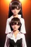 Placeholder: young anime business woman, brown hair, dark orange eyes, hoop earrings, red blouse, elegant, dark eyeshadow, black eyeliner, high arch angular eyebrows, head and shoulders portrait, 8k resolution, Artgerm, WLOP, Alphonse Mucha dynamic lighting, hyperdetailed, intricately detailed, retroanime