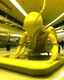 Placeholder: Distorted large yellow insectoid alien in a mall