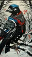 Placeholder: A contemporary serigraphy portrait by Kuniyoshi and Kunisada of a crow adorned in a punk leather jacket within a snowy Christmas atmosphere.