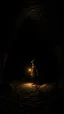 Placeholder: character in semi-darkness, on the scree cone of an underground room dimly lit by daylight coming from a well located forty meters above.