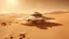 Placeholder: highly detailed spaceship flying through the dessert over mars, image capturing the dynamic and implied movement, establishing shot, sand - storm, mars desert, peach light, movie still, Phantom High-Speed Camera style raw