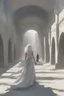 Placeholder: Woman with white hair wearing a white dress, walking down a sunlit stone hall, AND a handsome man in the background lurking in the shadows with long black hair