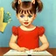 Placeholder: Angelina jolie as a toddler, pony tail, big blue eyes, big lips, with a book, , illustrated by Marcel Marlier, red dress, pastel colors