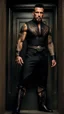 Placeholder: Jason David Frank as a Very muscular alpha male with short hair and tribal tattoo and piercings. Wearing a black designer suit , standing in a doorway. dark fantasy, hyperrealistic