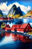 Placeholder: realistic painting of a village in Norway. Lofoten island. Red wooden houses. Water, lake, mountains, blue sky, art, brush strokes, pencil, colored pencil, graphite