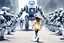 Placeholder: Girl running to attack robot army, photo real