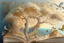 Placeholder: an art book with an illustration of flowers and exotics in the tree, in the style of light silver and light amber, whimsical dreamscapes, greek scene painting, aerial view, whimsical animals, sea and mountain scenes, glistening