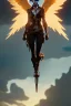 Placeholder: steampunk angel flying above the ocean, pale, golden glow, majestic