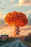 Placeholder: top right corner is a nuclear explosion cloud, top of explosion looks like a autumn tree full of leaves, add leaves falling everywhere in foreground, horizon at 1/3 from top, bottom 2/3 is a road through a road, a wind is blowing away from the tree. a commercial building is on the middle left