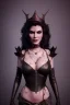 Placeholder: Amy Dumas as evil queen in black leather, leather, busty, cleavage, angry, rage, stern look. character design by cory loftis, fenghua zhong, ryohei hase, ismail inceoglu and ruan jia. unreal engine 5, artistic lighting, highly detailed, photorealistic, fantasy