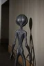 Placeholder: a gray alien standing by a wall pissing back view he turned face write scared
