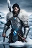 Placeholder: 1 man. warrior, with blue eyes and black hair man in silver Viking armor with fur around the neck with blue crystal on his chest , standing in water in the artic, holding a ice axe, warrior in anime style,