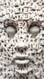 Placeholder: A balled face in details . The texture of the face is a collage of many 3D white random letters covering the whole face and the eyes are covered by waterfalls