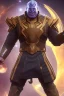 Placeholder: Thanos, the commander of the army of aliens and the king of the entire galaxy, is ready to go on a campaign with his two large swords, his very beautiful and impenetrable armor with his golden helmet, standing on top of a hill with his sword with infinity gauntlet