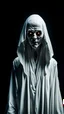 Placeholder: A creepy figure in a white robe looks ominously at the camera on a black background