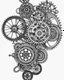 Placeholder: realistic Steampunk Gears and Cogs idea, line art, background, vector, svg, black outline on white background, leave plenty of white space beetween lines for coloring, tattoo style, tattoo idea,full body, minimalist