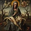 Placeholder: medieval painting depicts a decaying zombie Madonna figure with rotting flesh sitting upright while cradling a grotesque, otherworldly xenomorphic body with multiple tentacles. The zombie Madonna wears tattered, grey robes revealing decomposed skin, while the xenomorphic creature has pale, elongated segments and distorted features. The background shows a dark, twisted landscape inspired by Arnold Bocklin's composition style, with gnarled trees and swirling clouds reminiscent of Hieronymus Bosch'