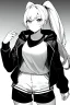 Placeholder: blonde girl with ponytails dressed in a jacket and shorts walks proudly, greyscale