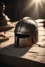 Placeholder: The Roman centurion's helmet lies on an old cracked wooden table. Next to it on the table is a cross on a string and a scroll of parchment. A ray of sunlight reflects off the helmet. All around is the entourage of ancient Rome. High quality image in 8K