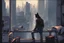 Placeholder: man, cyberpunk, looking out a window at the city, fog, hovering cars, comic book art style, shirt, jeans, a cat