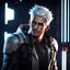 Placeholder: Attractive young male survivor, white hair, smiling, intense and focused, cyberpunk background, anime style, video game character, unreal engine, trending artstation, trending deviantart