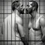 Placeholder: realistic, two italian prisoners 44 years old kissing in prison behind bars, dirty, ugly, bullneck, muscular chubby, in tank top, long hairs, manly chest, misery and poverty, emotive eyes, photo 50mm lens, side view, photorealistic, ultradetailed